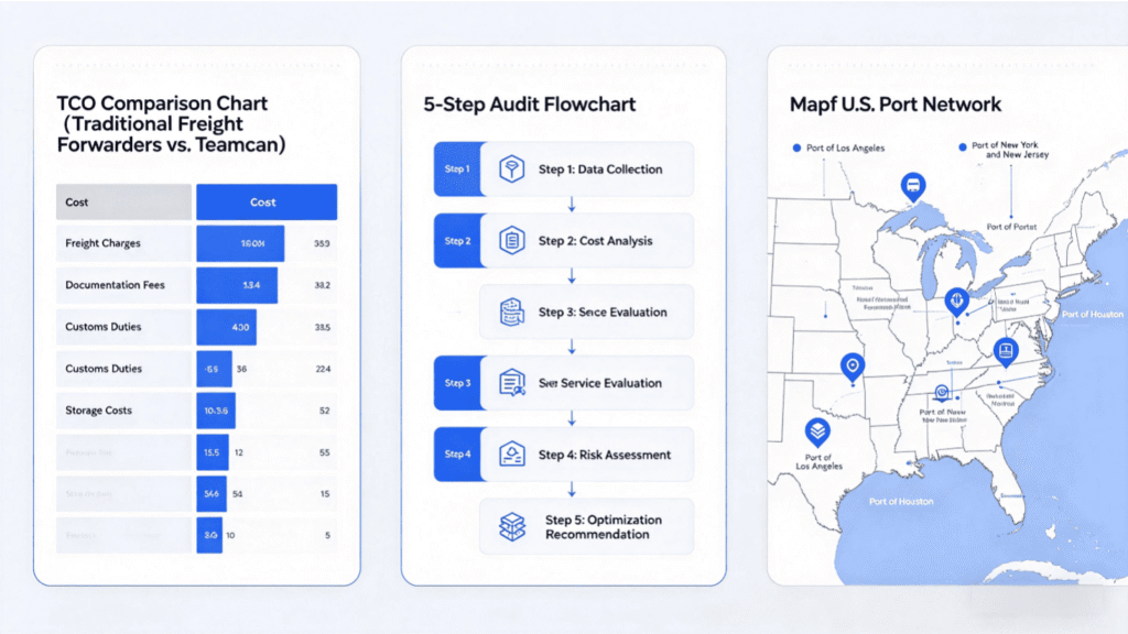 TCO Comparison Chart (Traditional Freight Forwarders vs. Teamcan) + 5-Step Audit Flowchart + Map of U.S. Port Network