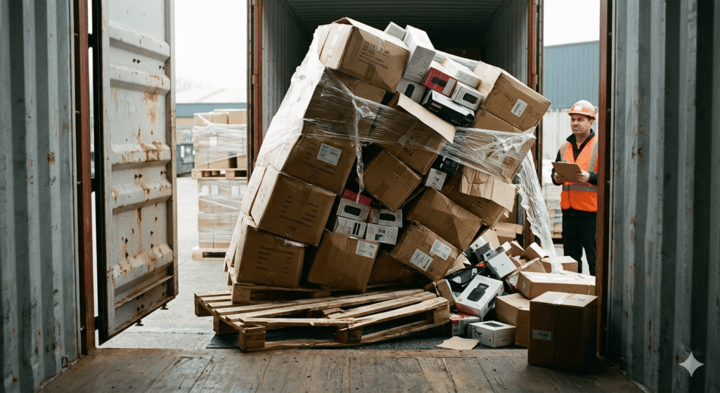 Broken pallet inside container after arrival