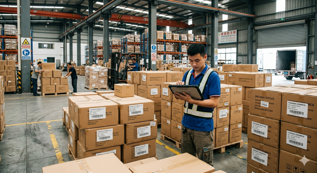Chinese factory warehouse with multiple supplier shipments waiting for consolidation