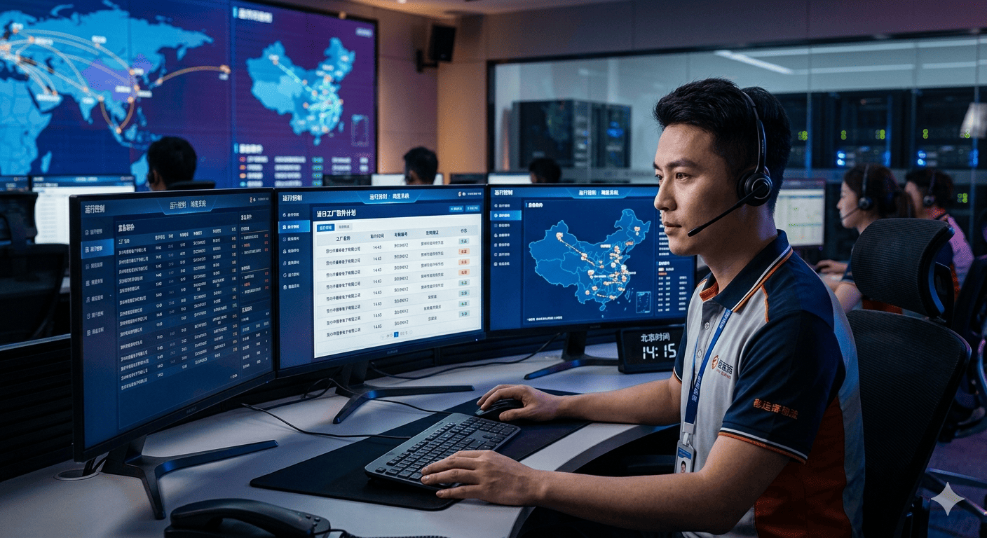 Chinese logistics dispatcher coordinating multiple factory pickups on computer screens