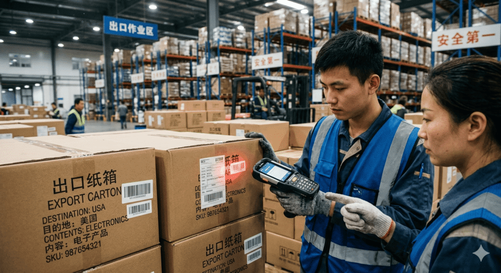Close-up of warehouse staff inspecting export cartons