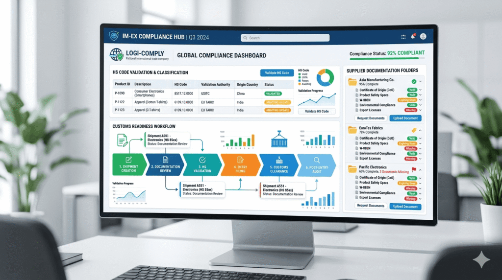Digital compliance dashboard displaying HS code validation
