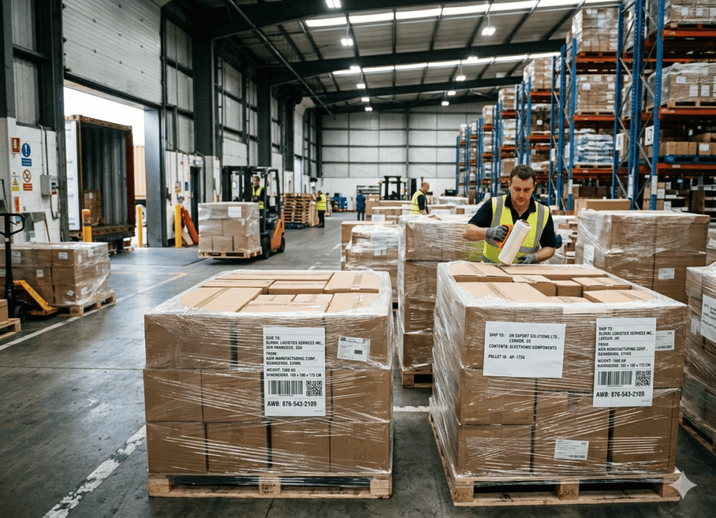Export pallets tightly wrapped with transparent stretch film,