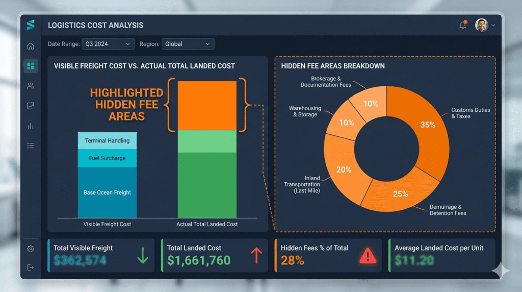 Financial dashboard comparing “Visible Freight Cost” vs “Actual Total Landed Cost”