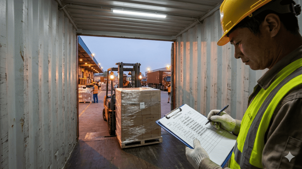 Inside shipping container during loading operation,