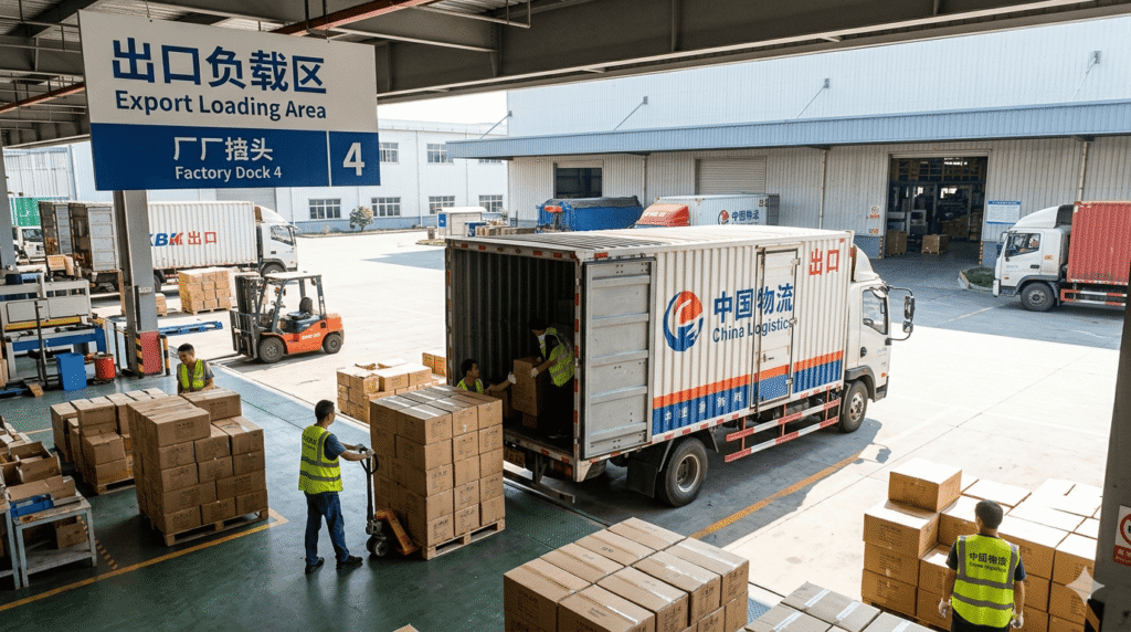 Medium-sized Chinese export truck loading cartons at manufacturing factory dock,