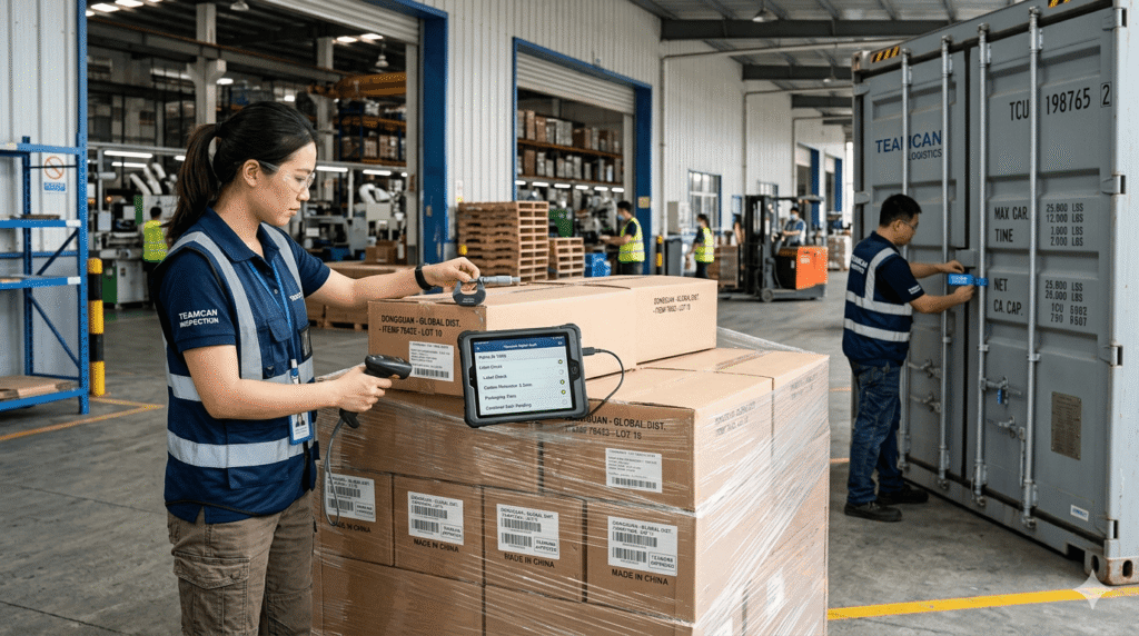 Teamcan inspector inside a Dongguan factory checking pallet