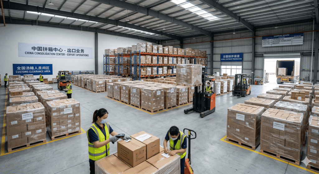 Teamcan logistics warehouse workers scanning cartons
