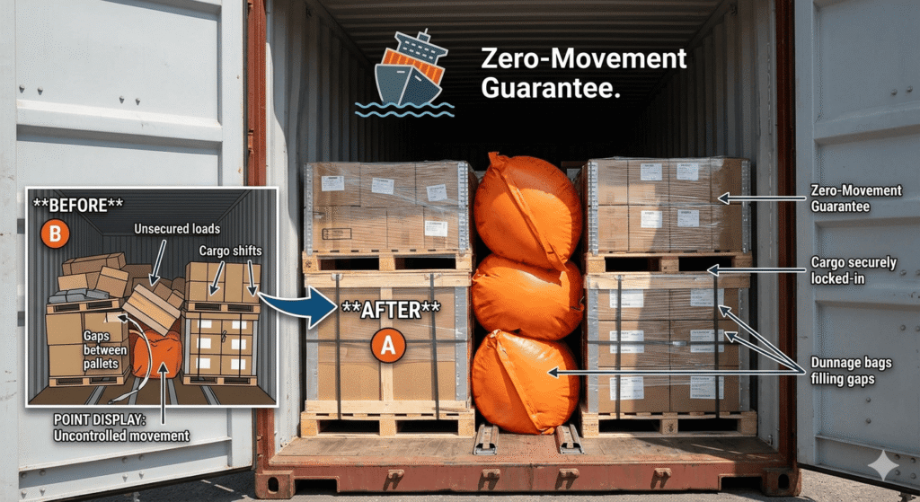Industrial dunnage bags and cargo securing process by a nominated forwarder to optimize container space and prevent freight collapse.