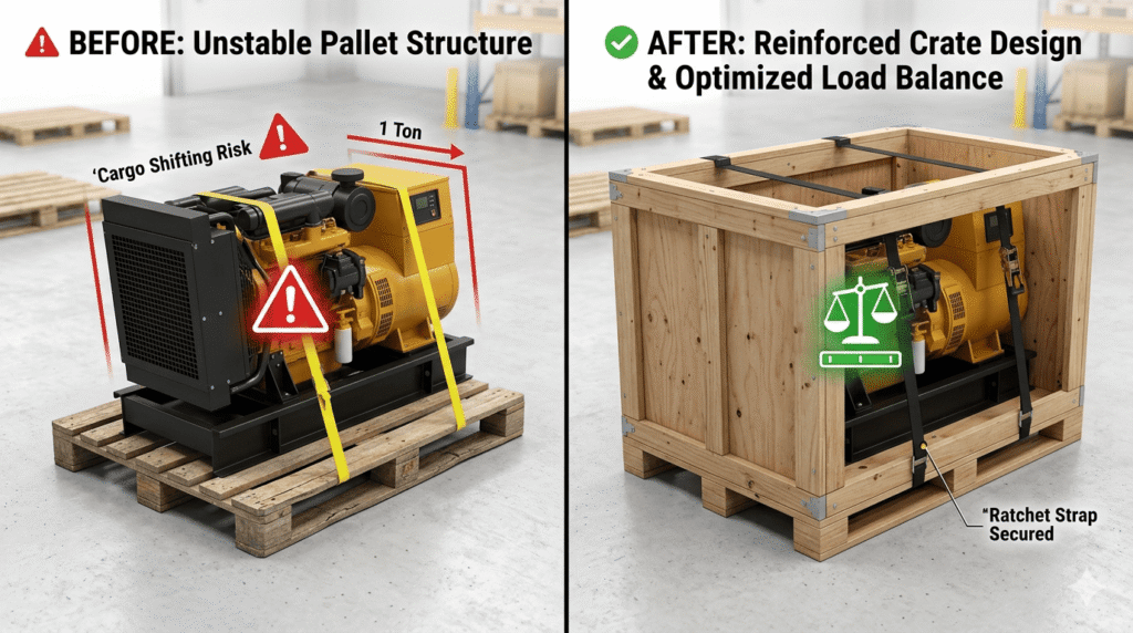 heavy machinery secured with reinforced wooden pallet system