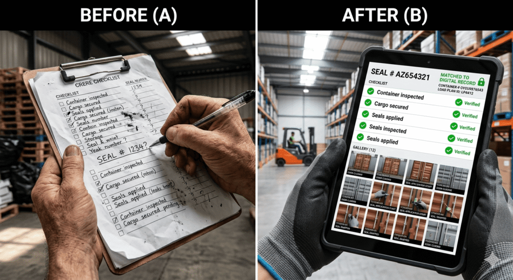 Digital evidence chain and loading supervision report provided by a nominated freight forwarder for US customs and insurance compliance.