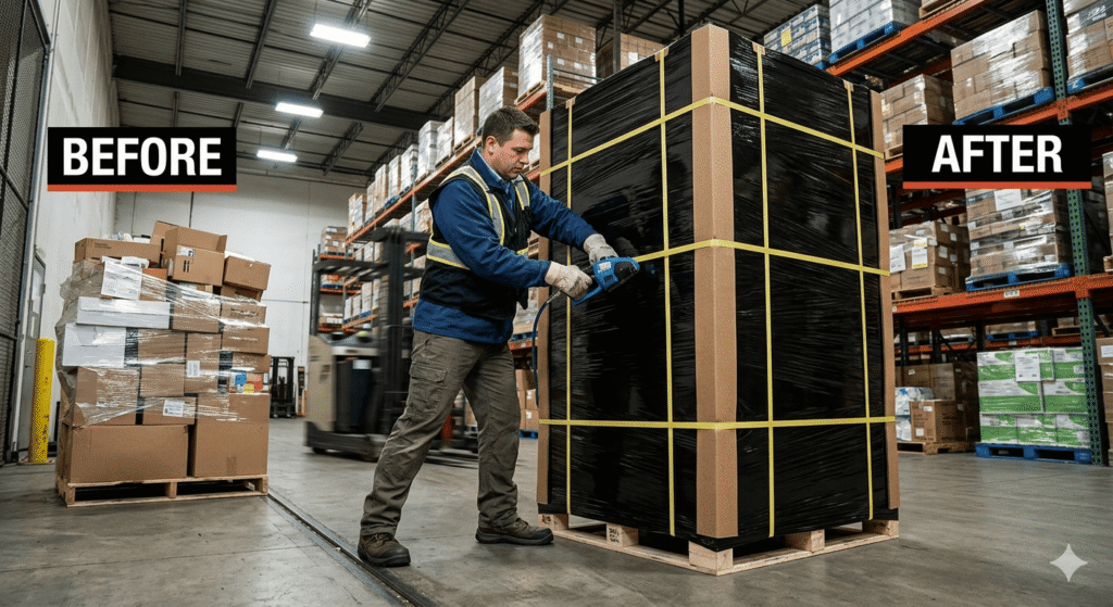 Professional pallet stabilization and reinforced strapping by a nominated freight forwarder in Guangdong to ensure zero-movement during transit.