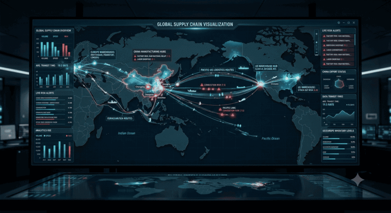 Global supply chain map visualization connecting China factories to US and Europe warehouses