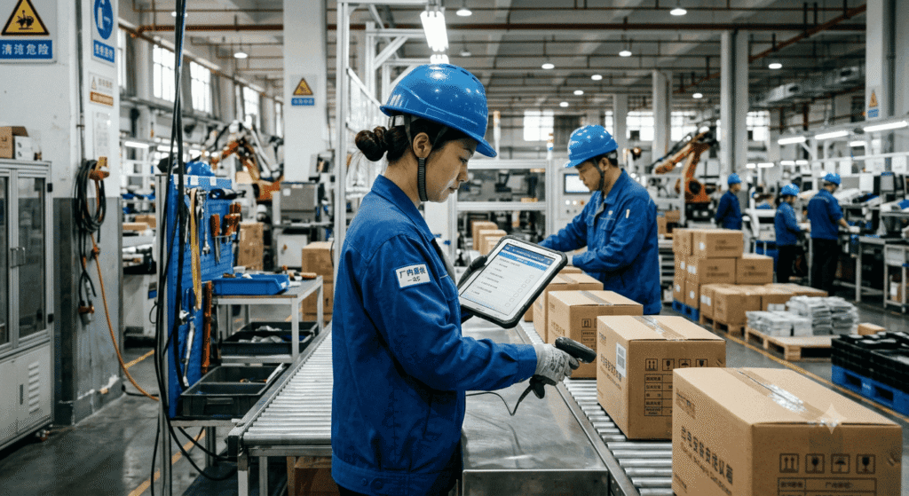 Industrial quality control engineer inspecting production line in a Chinese factory,